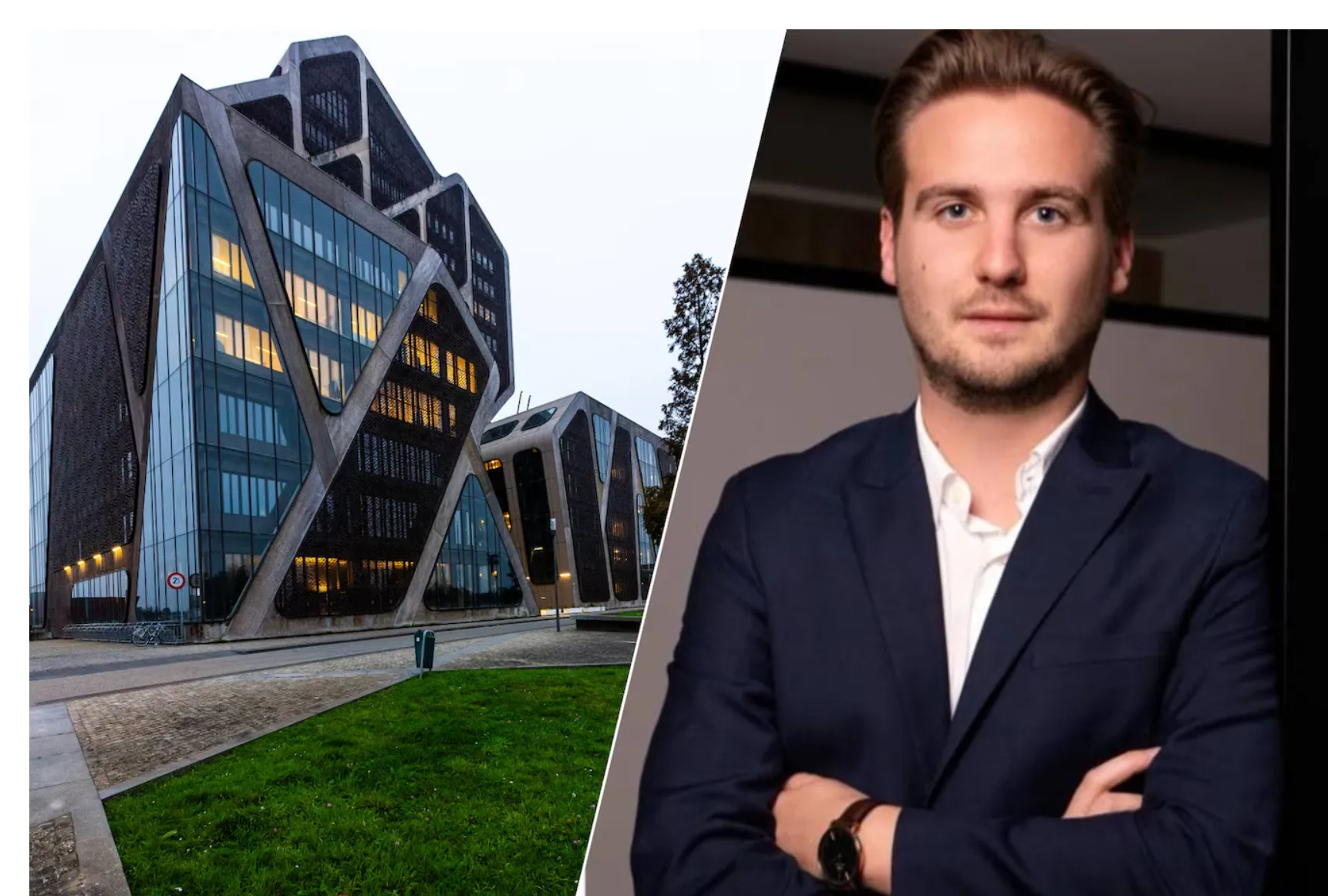 Het gerechtsgebouw, met daarnaast een portret van Sander Eycken